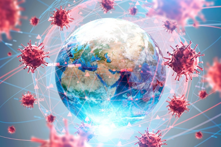 Ilustración del globo terráqueo rodeado de coronavirus