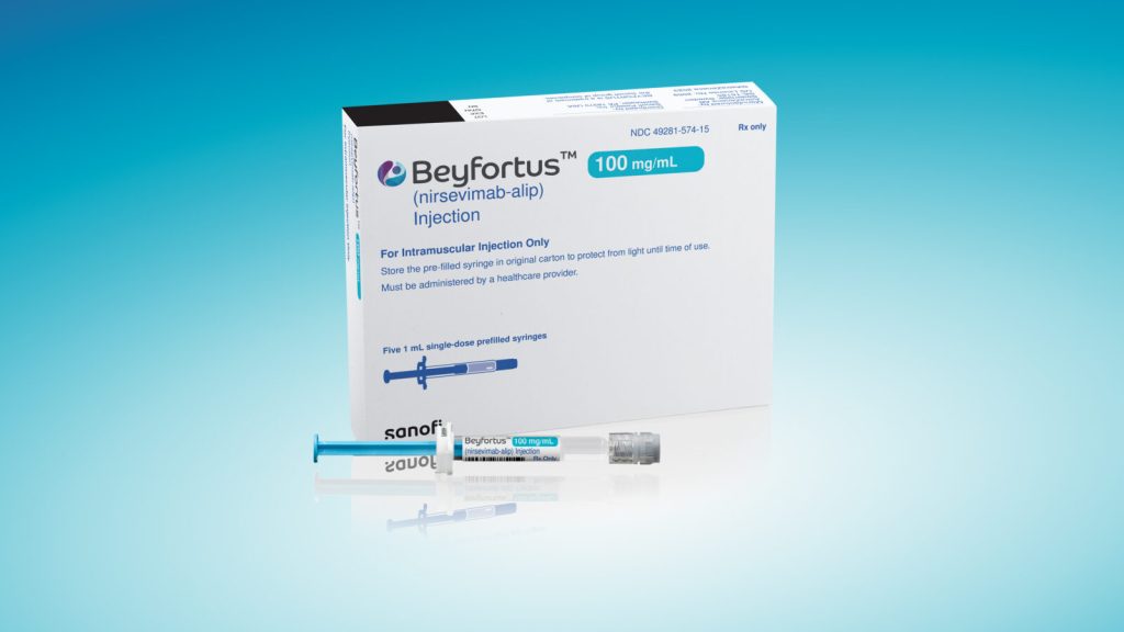 Caja del producto Beyofortus, diseñado para prevenir a través de la inmunización el virus respiratorio sindical