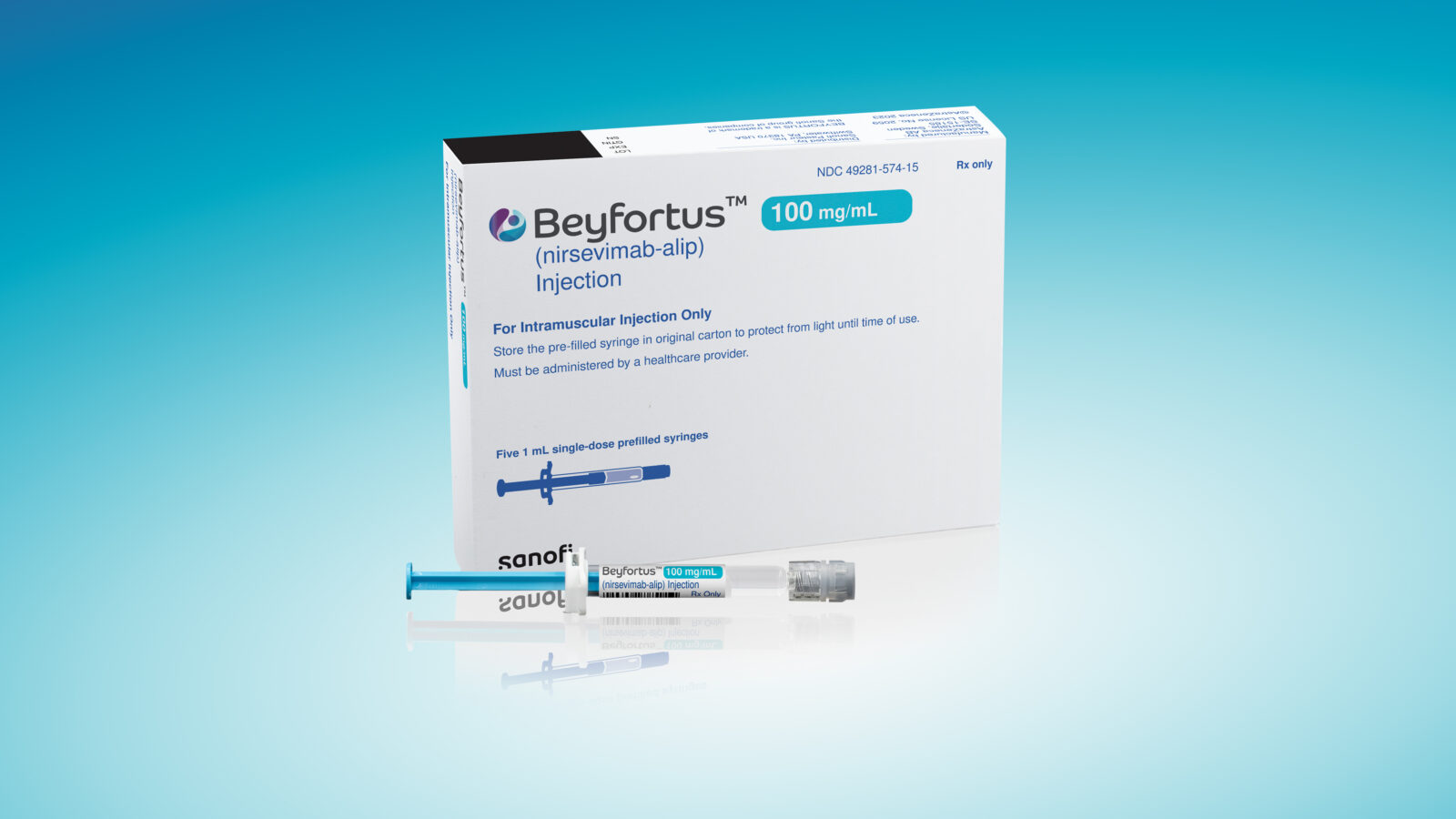 Caja del producto Beyofortus, diseñado para prevenir a través de la inmunización el virus respiratorio sindical